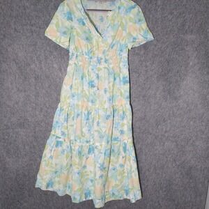 Casa Cabana Dress S Linen Floral Midi Tiered Smocked Cottagecore Garden Romantic